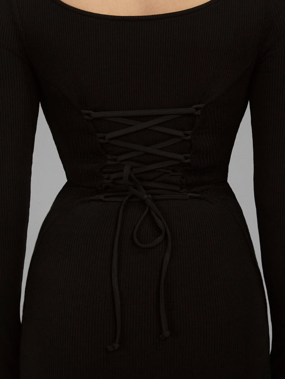 TA3 Scoopy Long Sleeve Rib Mermaid Dress in Black corset