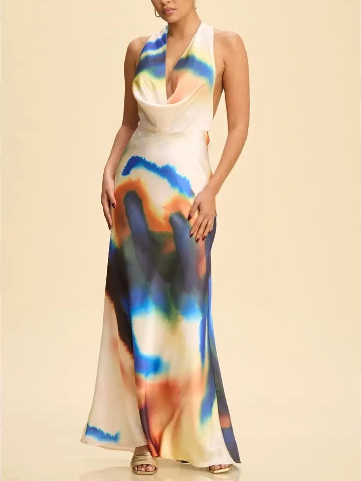 luxxel maxi dress Halter in Multi | Shop lace slit occasion dress Color:Pink Floral Multi inspired ombre print Off The Shoulder Floral
