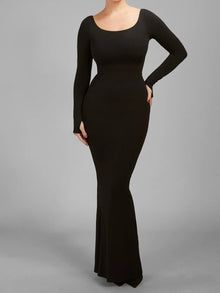  TA3 Scoopy Long Sleeve Rib Mermaid Dress in Black