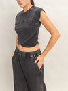 Double Zero Rolled Sleeve Wrap-Front Crop Top And Jogger Set Black
