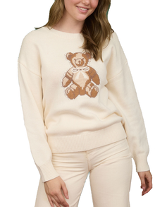  Teddy Jacquard Crew Neck Knit Pullover Sweater in Cream 