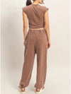 Double Zero Rolled Sleeve Wrap-Front Crop Top And Jogger Set chocolate