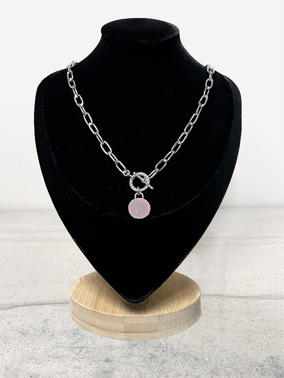 Winifred Design Small Silver 18" Paperclip Chain Toggle with Pink/Silver LV Necklace Louis Vuitton