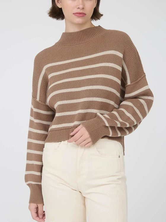 Blu Pepper Stripe Mock Neck Drop Shoulder Knit Sweater in Cocoa
