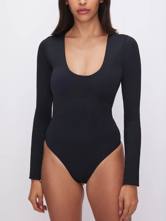 Good American Scuba Scoop Long Sleeve Bodysuit in Black001