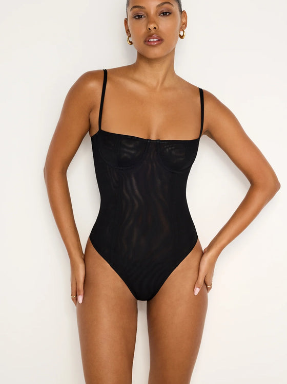 Good American Mesh Bustier Bodysuit in Black