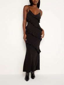  Good American Chiffon Ruffle Bias Slip Dress in Black