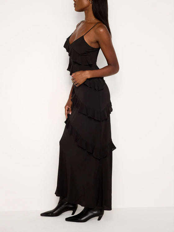 Good American Chiffon Ruffle Bias Slip Dress in Black