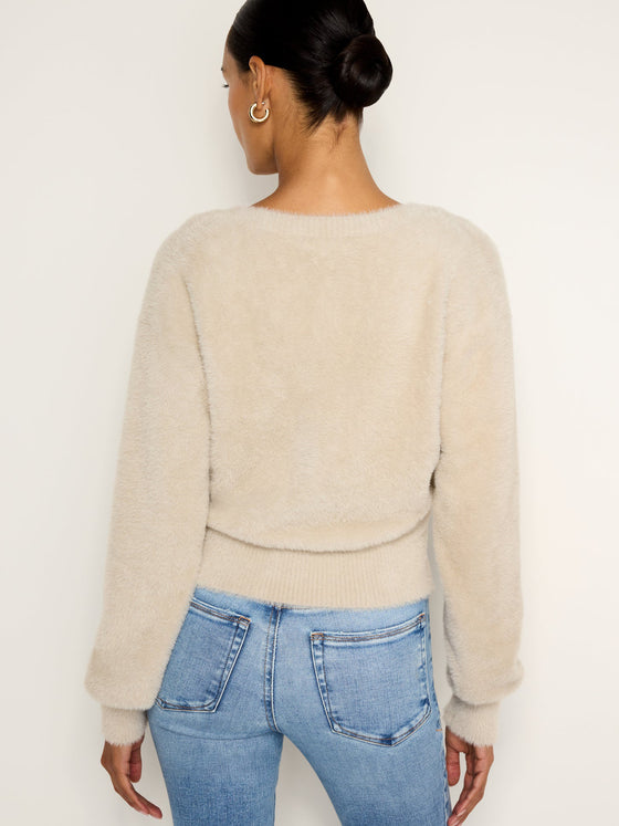 Good American Fuzzy Cardigan in Flax001 tan