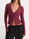 Good American The Rib V Neck Cardigan in Berry Noir