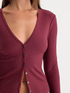 Good American The Rib V Neck Cardigan in Berry Noir