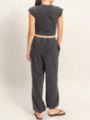 Double Zero Rolled Sleeve Wrap-Front Crop Top And Jogger Set Black