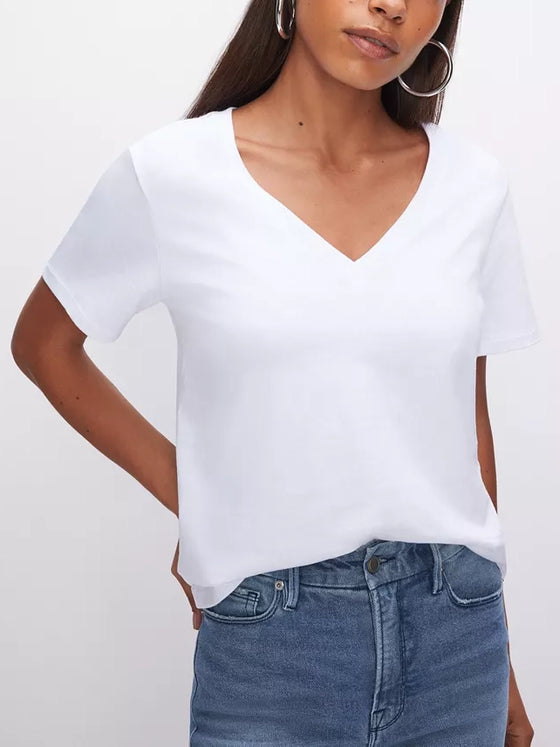 Good American Cotton Classic V Neck Tee in White