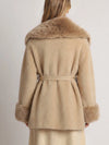 Beulah Style Plush Faux Fur Belted Wrap Coat in Beige