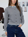 The Workshop Studio Stripe Contrast Trim Button Down Knit Cardigan in Navy