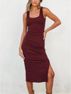 Keep It Simple Square Neck Bodycon Midi Dress in Rust