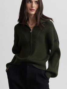  Varley Carmen Rib Knit Zip Through in Dark Olive