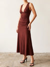 Et Clet V Plunge Neck Flowy Hem Midi Dress in Chocolate