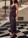 EmberLoom Floral Patterned Mesh Dress with Spaghetti Straps in Coffee