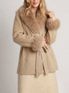 Beulah Style Plush Faux Fur Belted Wrap Coat in Beige