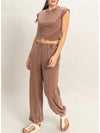 Double Zero Rolled Sleeve Wrap-Front Crop Top And Jogger Set chocolate