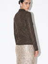 Beulah Style Rhinestone Embellished Mock Neck Long Sleeve Top in Brown