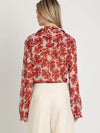 Beulah Style Floral Tie-Front Sheer Blouse in Red