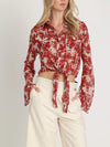 Beulah Style Floral Tie-Front Sheer Blouse in Red