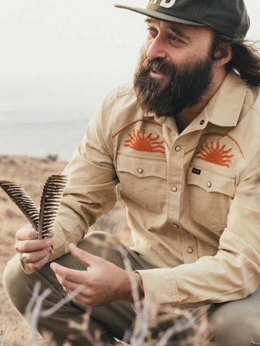 Howler Bros Crosscut Deluxe Longsleeve in El Sol Gold sun embroidered