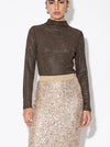 Beulah Style Rhinestone Embellished Mock Neck Long Sleeve Top in Brown