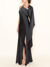 Fore Collection Asymmetric Halter Drape Scarf Slit Maxi Dress in Black