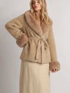 Beulah Style Plush Faux Fur Belted Wrap Coat in Beige