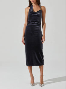  ASTR the Label Eugenie Velvet Halter Midi Dress in Grey Blue