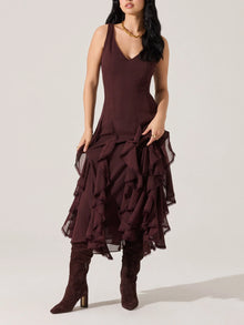  ASTR the Label Philomene V-Neck Ruffle Trim Dress in Eggplant