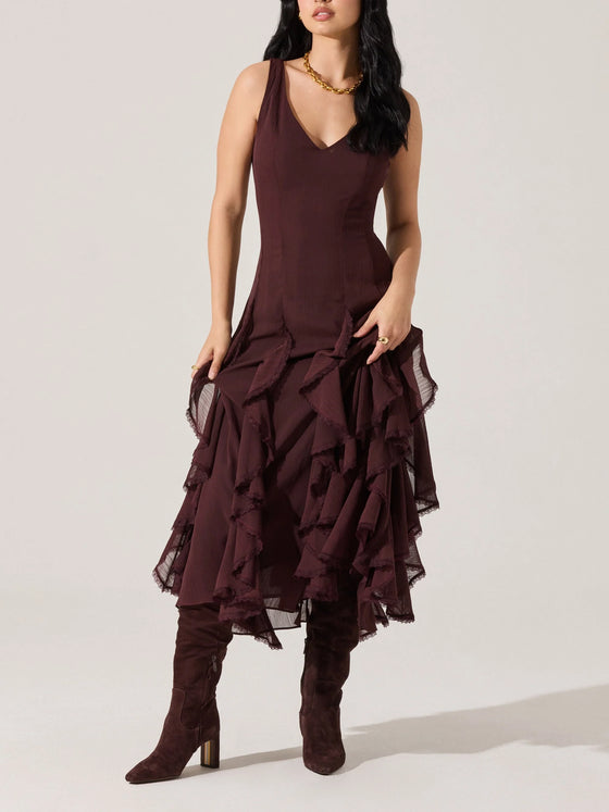 ASTR the Label Philomene V-Neck Ruffle Trim Dress in Eggplant