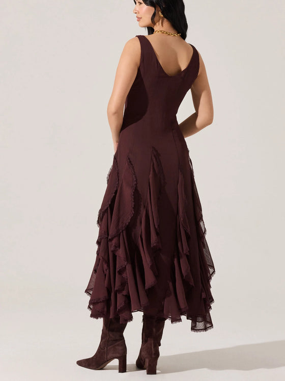 ASTR the Label Philomene V-Neck Ruffle Trim Dress in Eggplant