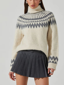  ASTR the Label Leka Fair Isle Turtleneck Sweater in Cream Grey