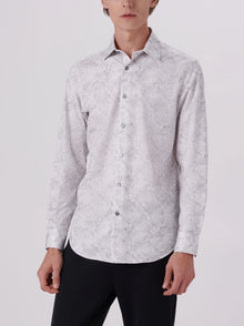  Bugatchi James Leaf Print Shirt in Platinum