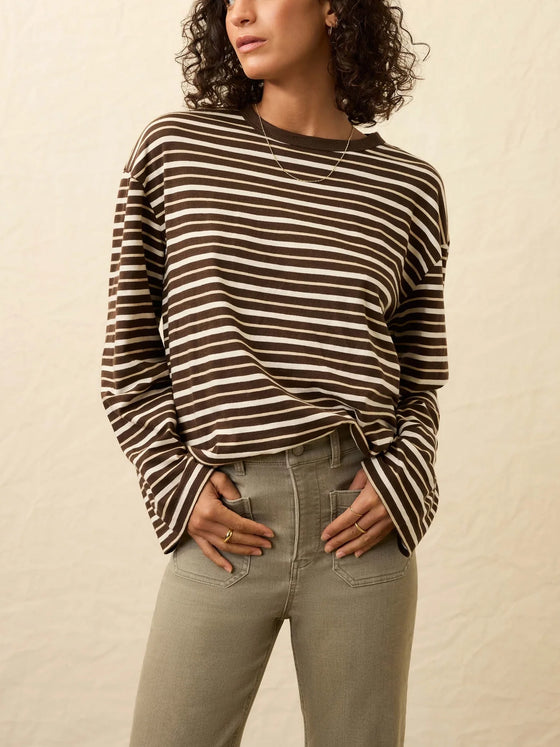 Faherty Brand Sunwashed Long Sleeve Retro Tee in Sand Drift Stripe