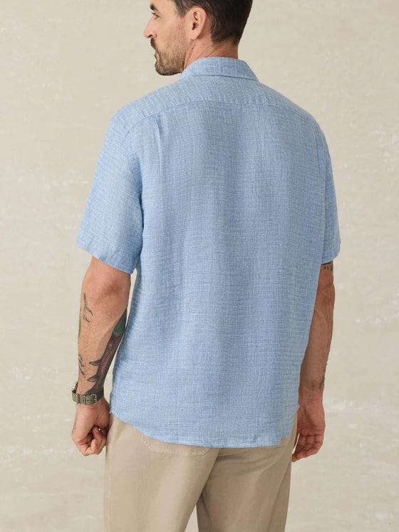 Faherty Brand Short Sleeve Palma Linen Shirt in Blue Basket Weave