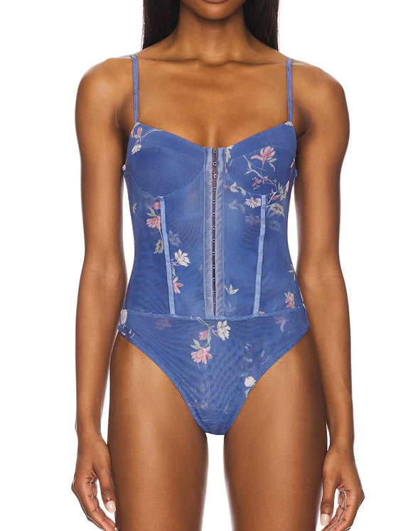 Free People Night Rhythm Printed Body Suit in Blue Floral Combo