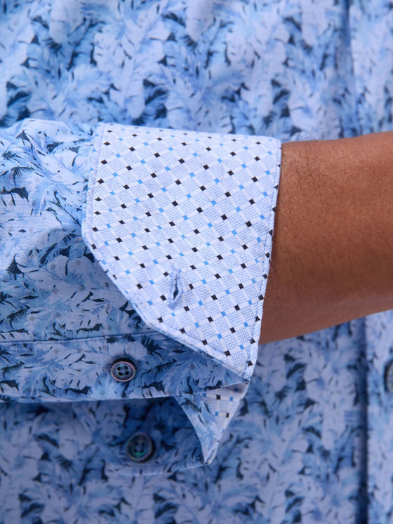 Bugatchi Jimmy Double-Sided Leaf & Diamond OoohCotton® Shirt in Air Blue contrast cuff