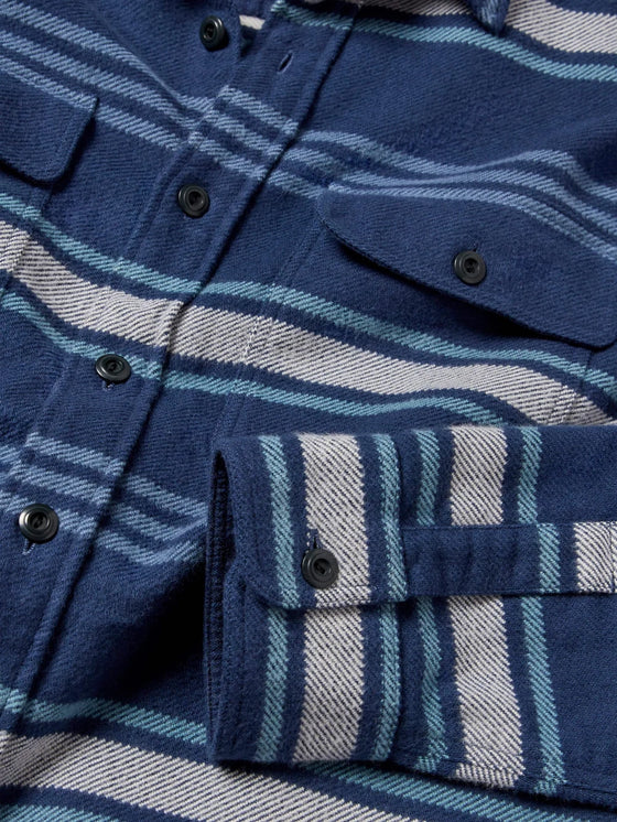 Faherty Brand Wavebreaker Shirt in Winter Summit Stripe navy grey gray teal