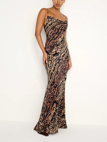  Good American Chiffon Bias Cowl Maxi Dress in Warped Leopard