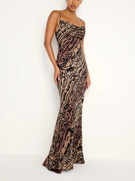 Good American Chiffon Bias Cowl Maxi Dress in Warped Leopard