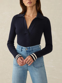  Faherty Brand Stretch Cotton Cashmere Rib Polo in Navy Retro Stripe