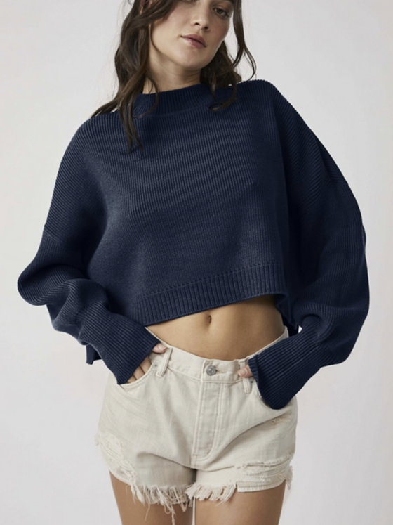 Free People Easy Street Crop Pullover in Navy