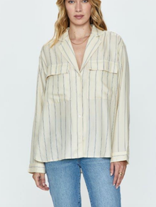  Irene Effortless Button Down Shirt in Tan Wide Stripe