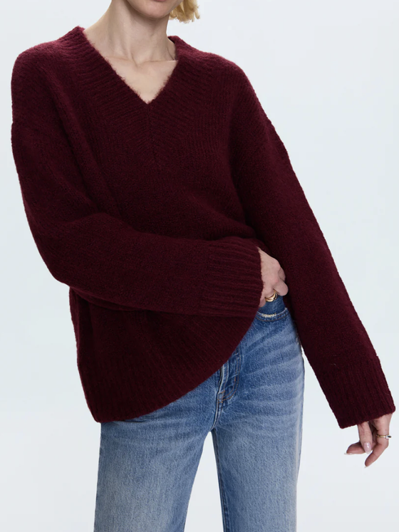 Pistola Talia Chunky V-Neck Sweater in Claret burgundy