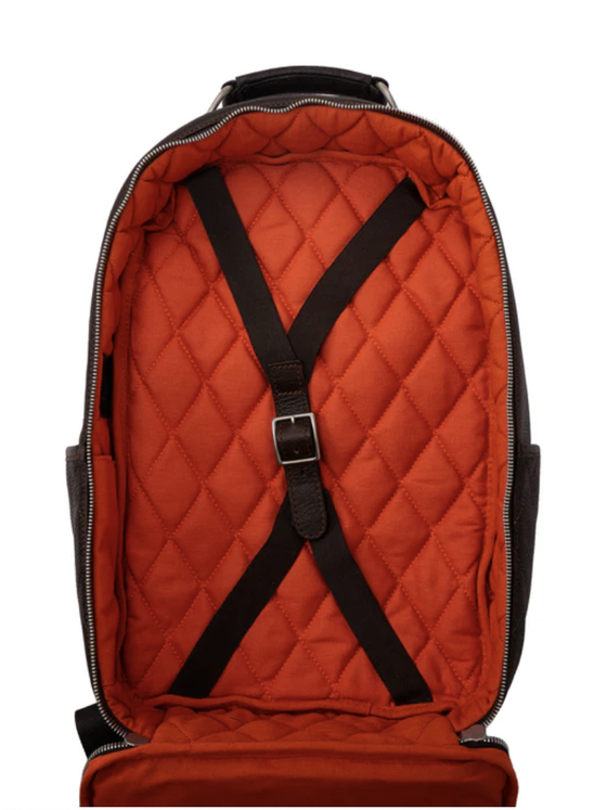 Martin Dingman Rudyard Saddle Leather Globe Trotter Backpack in Chocolate orange quilted interior lining